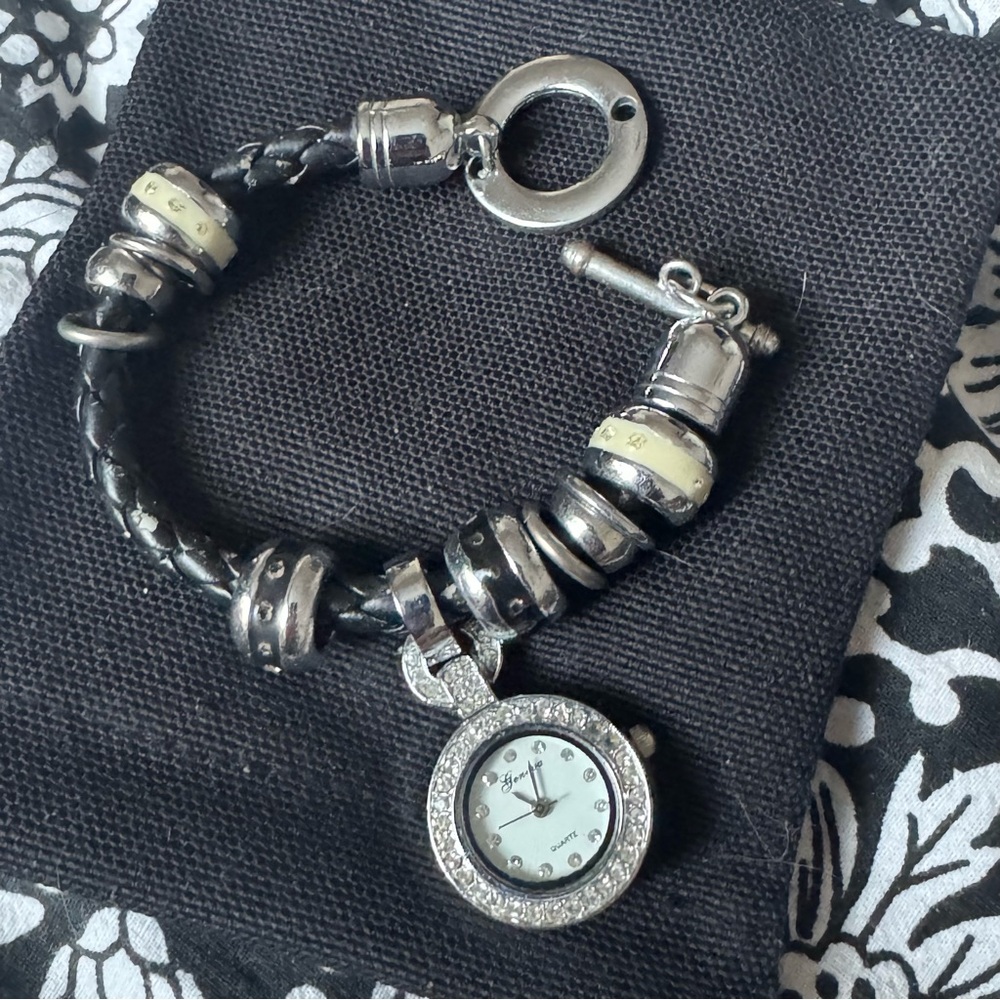 Geneva Leather Braided Charm Bracelet Watch with Rhinestones
